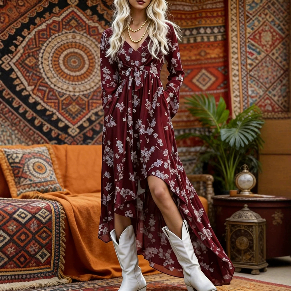 ZARA Boho Floral V Neck High Low Fishtail Hem Maxi Dress